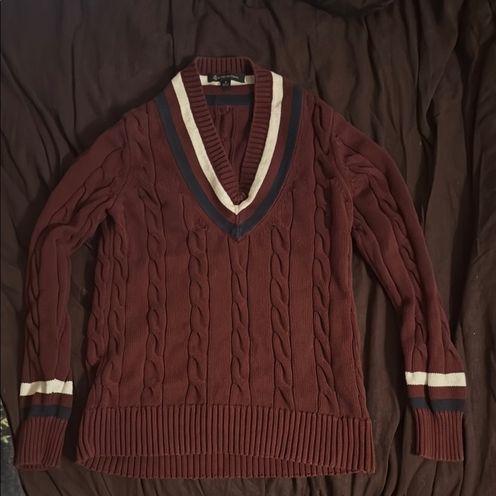 Brooks Brothers Maroon Cable Knit Sweater with Striped V-Neck